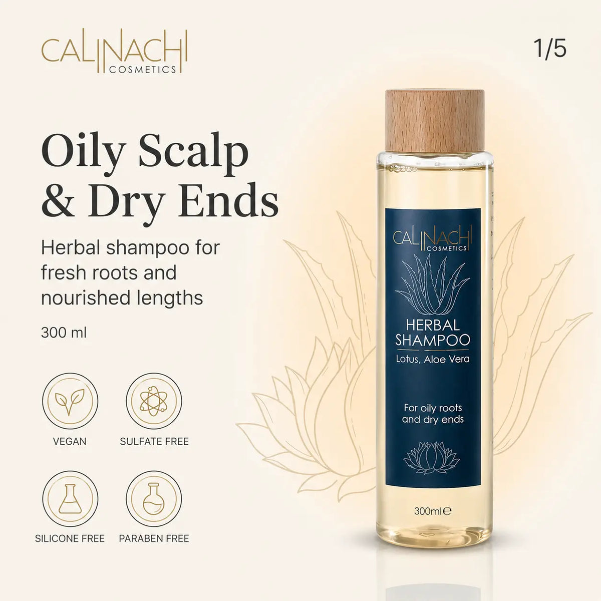Oily Scalp and Dry Ends Herbal Shampoo, Sulfate free, 300ml. haircare CALINACHI Cosmetics
