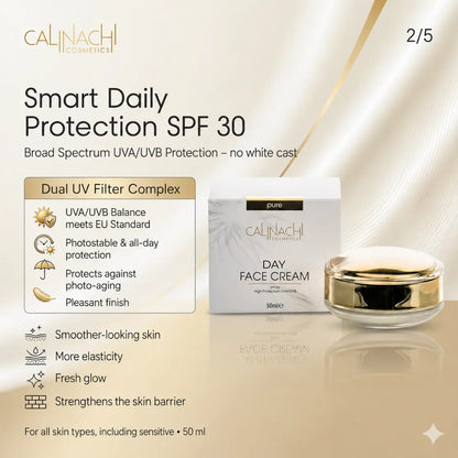Hydrating Day Cream for Face, Neck, and Décolletage, SPF30, 50ml. skincare CALINACHI Cosmetics